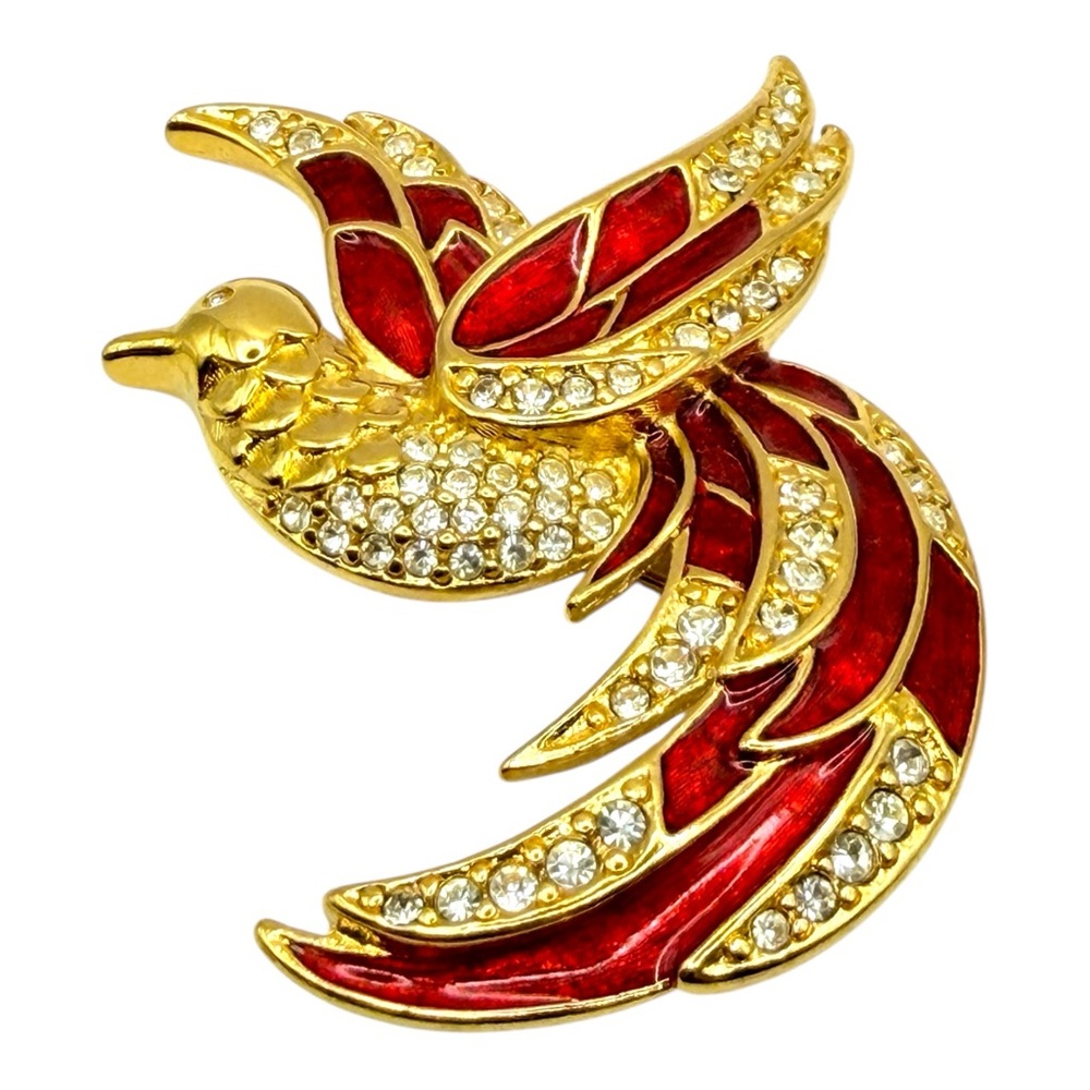 Vintage Giorgio’s Collection Red & Gold-Tone Enamel Crystal Bird Brooch Jewelry - Picture 3 of 9